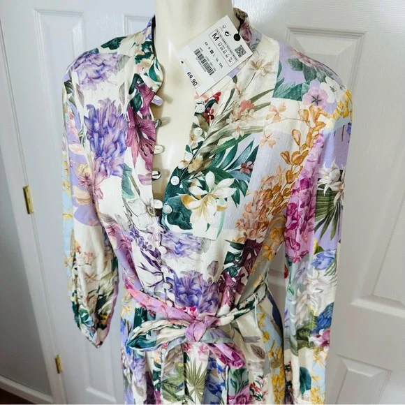 ZARA mini dress BELTED FLORAL button up dress or tunic top simply CHIC BOHO M - Picture 15 of 15